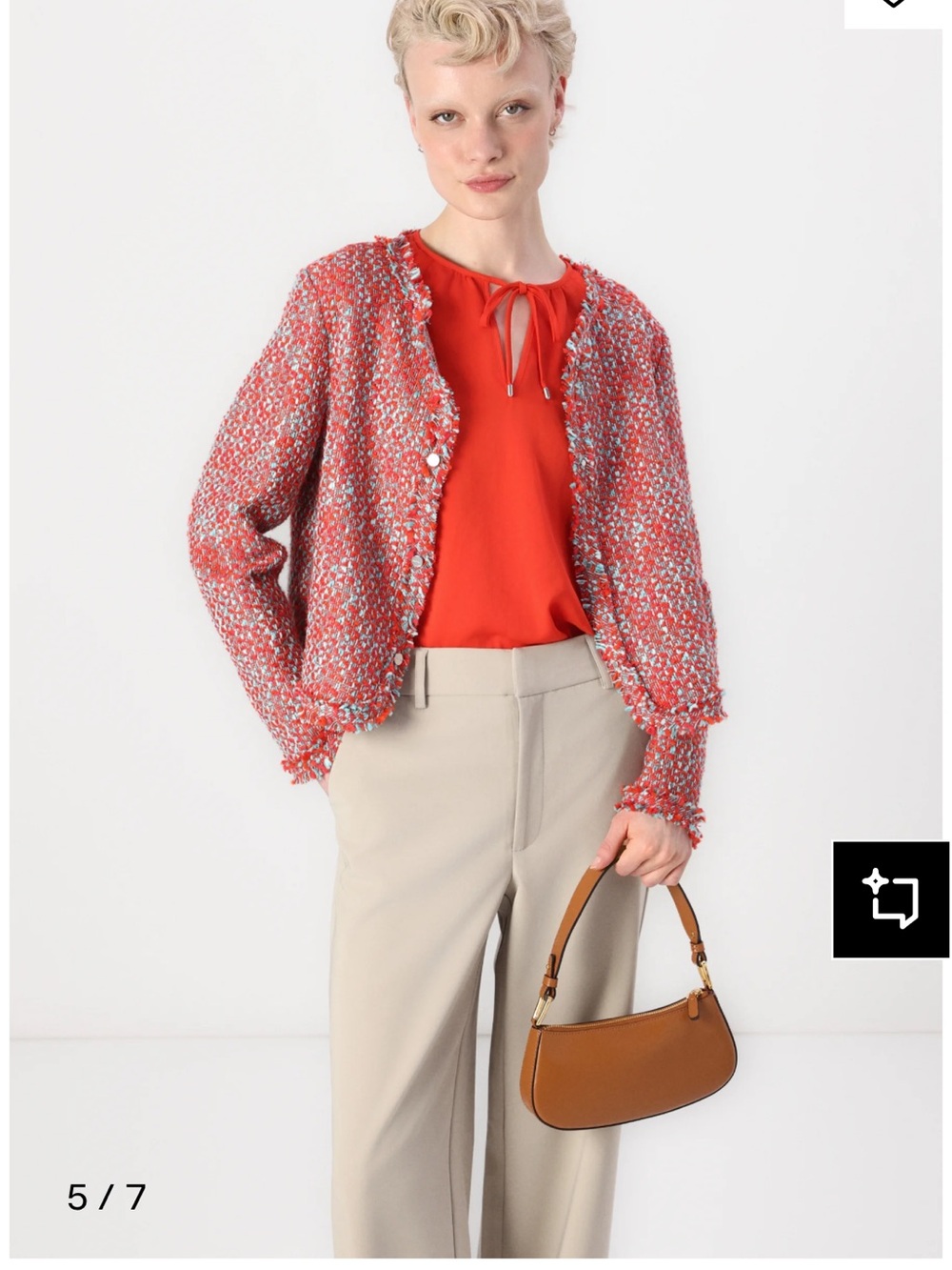 Marc Cain Collection Textured Tweed Red/Blue Knit Jacket with Snap Closures